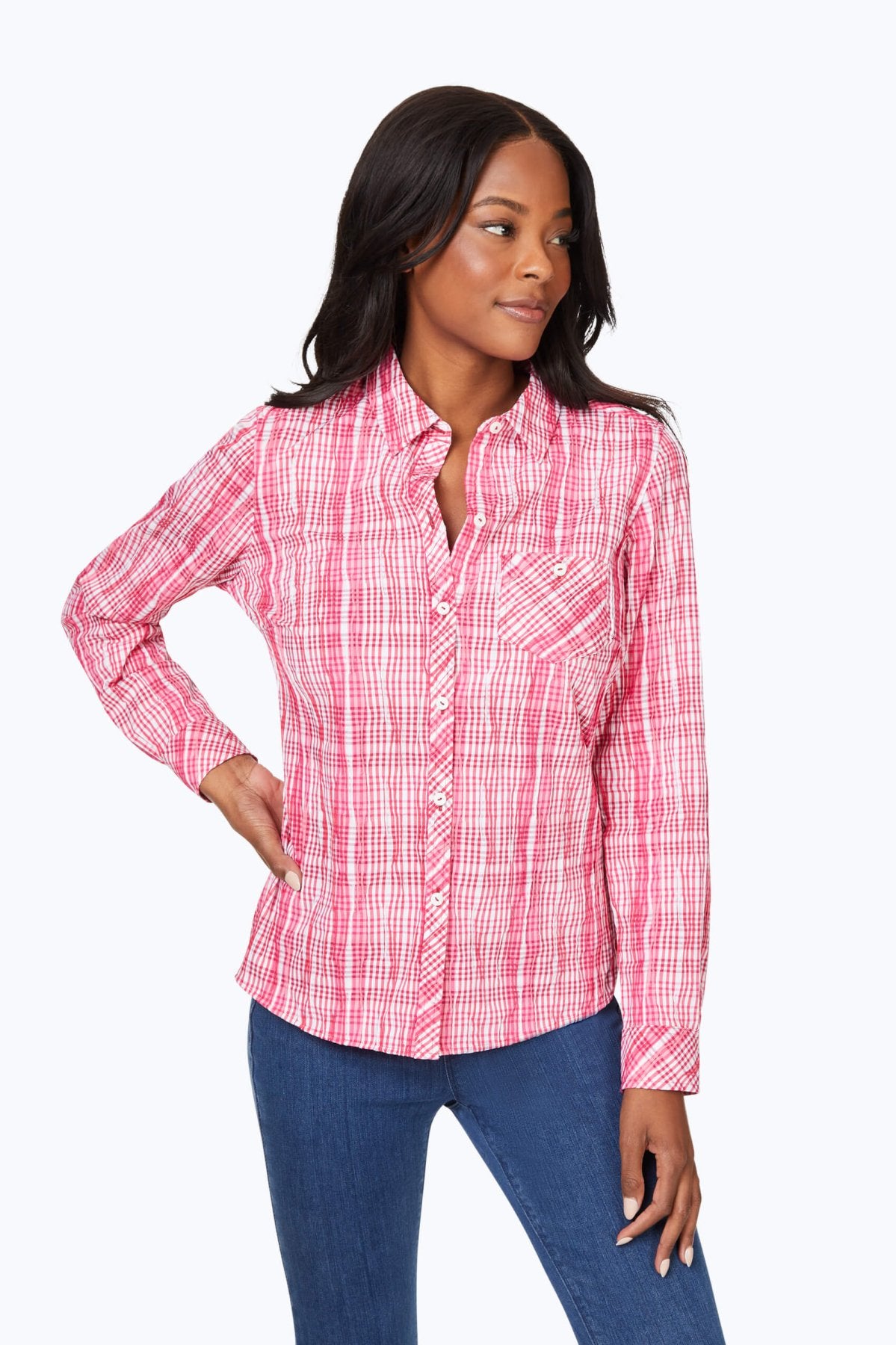 Pink checkered shirt womens deals