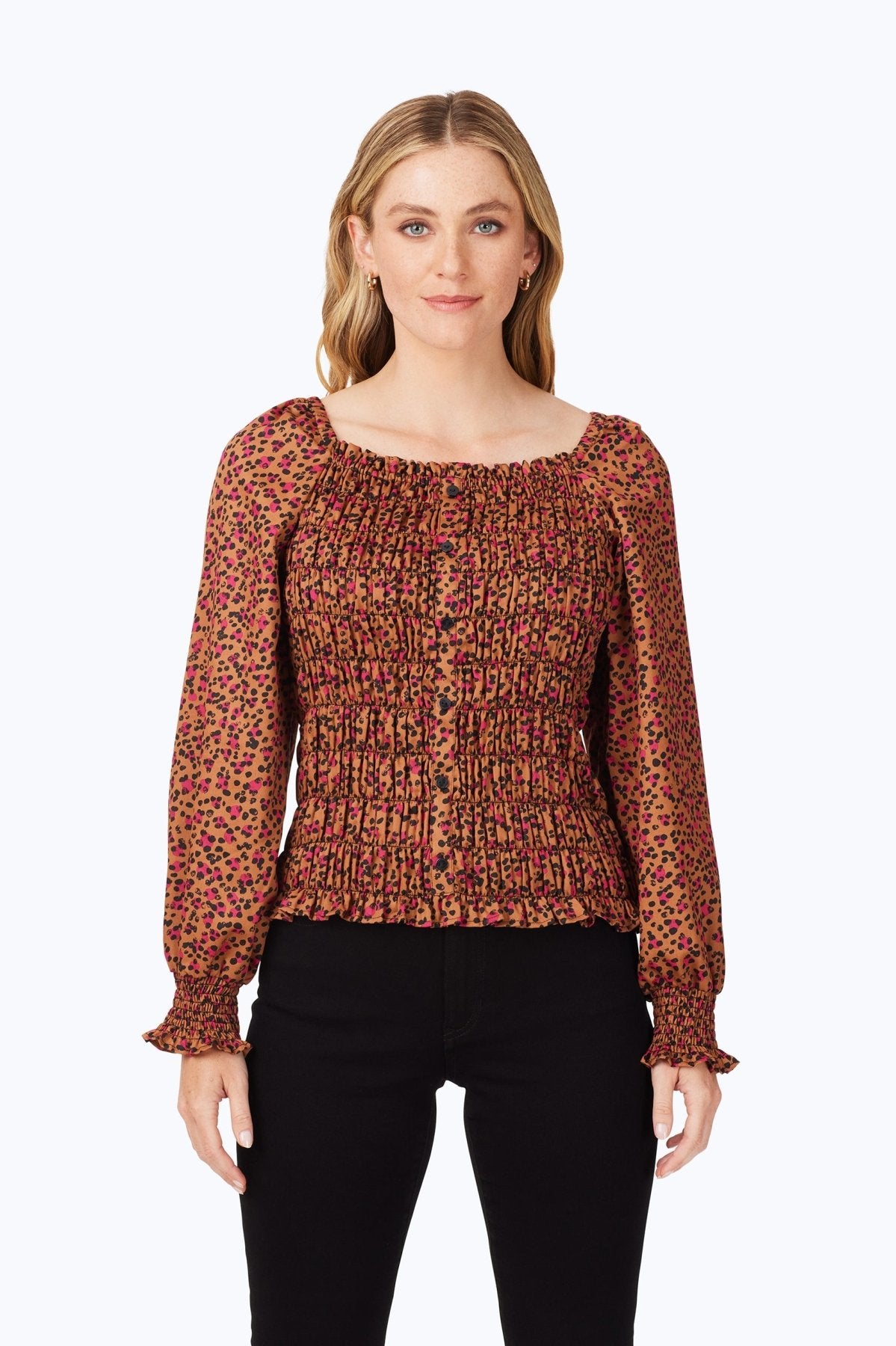 Smocked Wild Cheetah Long Sleeve Blouse