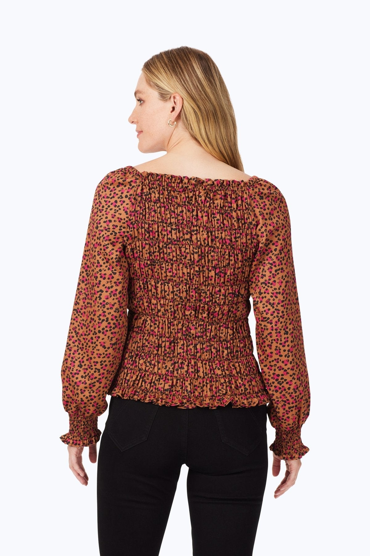 Smocked Wild Cheetah Long Sleeve Blouse