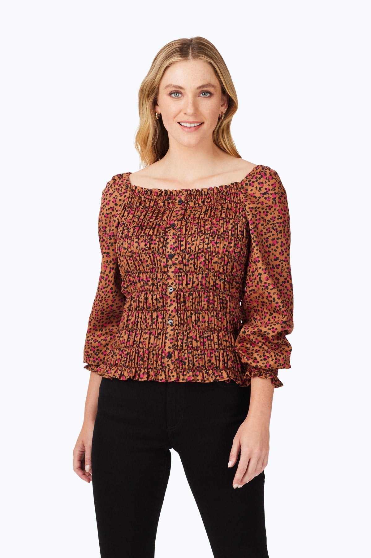 Smocked Wild Cheetah Long Sleeve Blouse