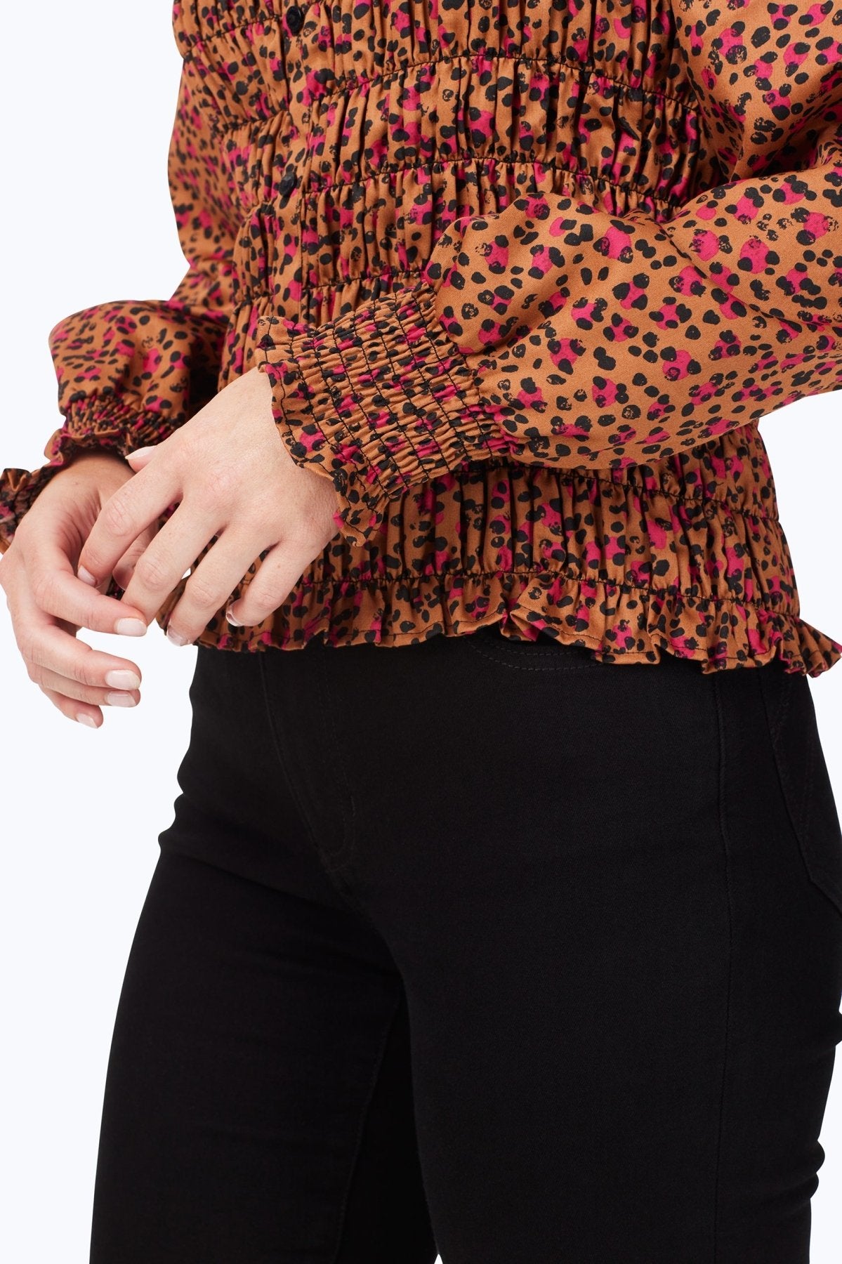Smocked Wild Cheetah Long Sleeve Blouse