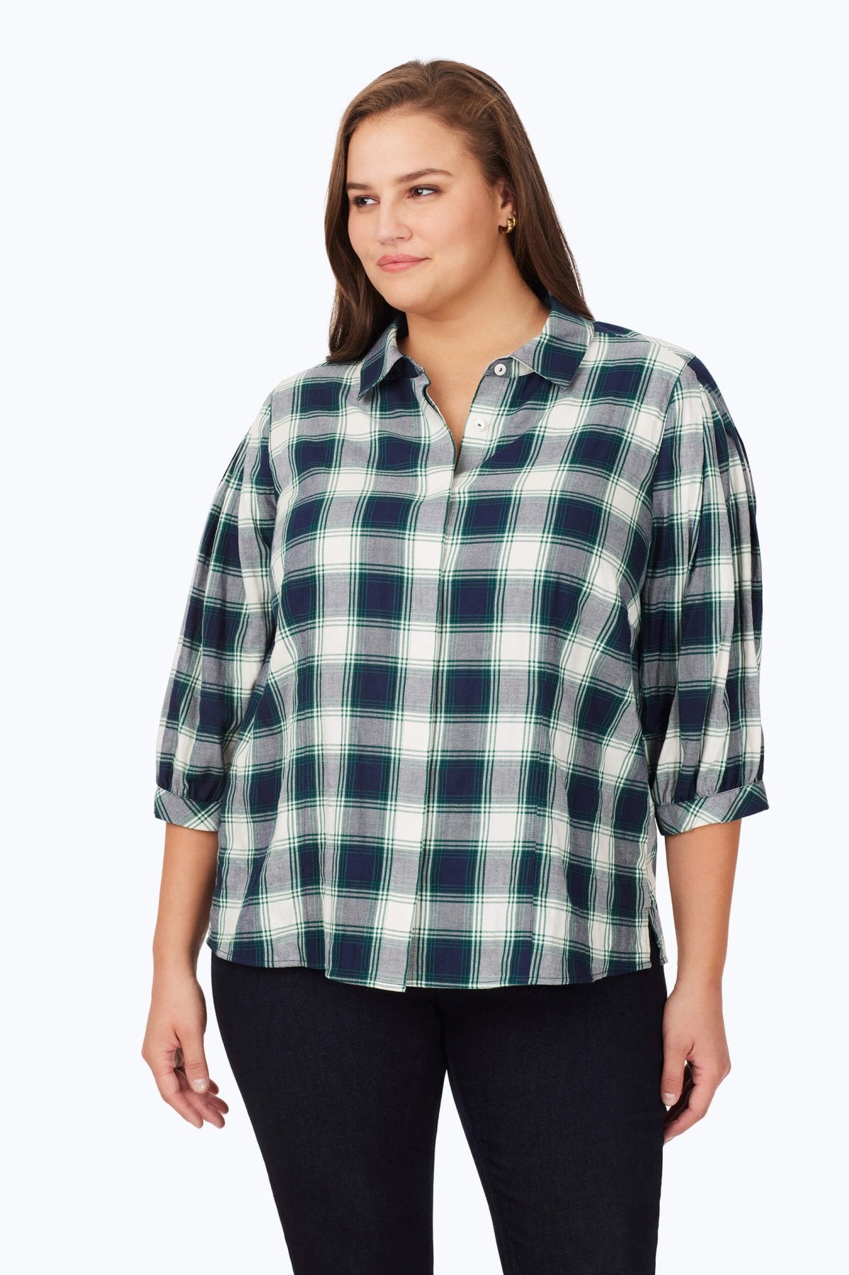 Plus Brushed Pleated Sleeve Plaid 3/4 Sleeve Shirt- Foxcroft
