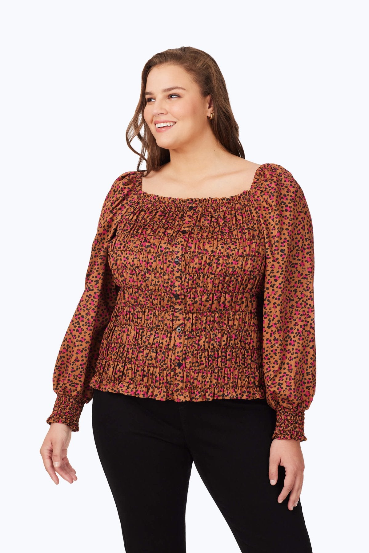 Plus Smocked Wild Cheetah Long Sleeve Blouse