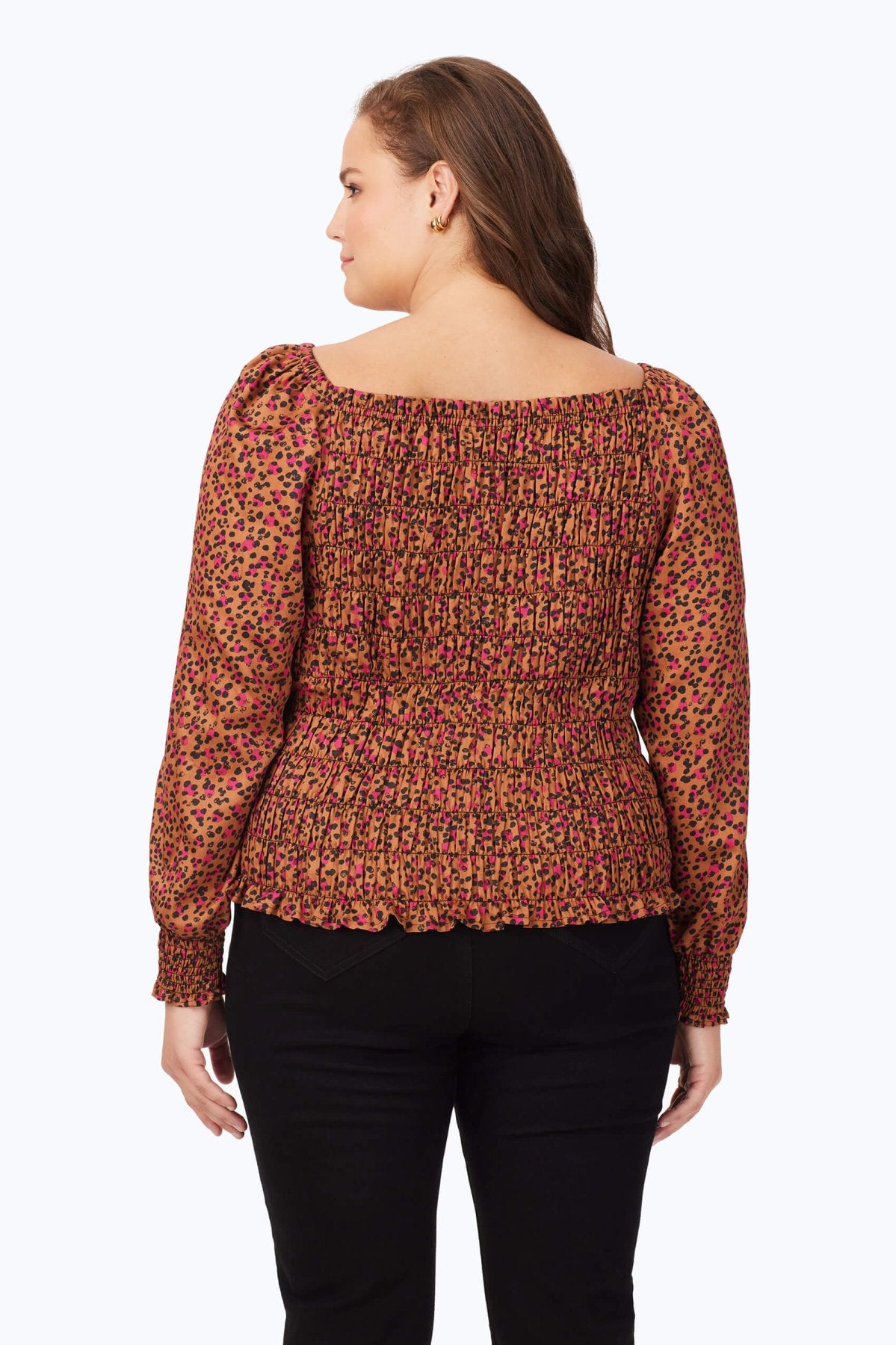 Plus Smocked Wild Cheetah Long Sleeve Blouse