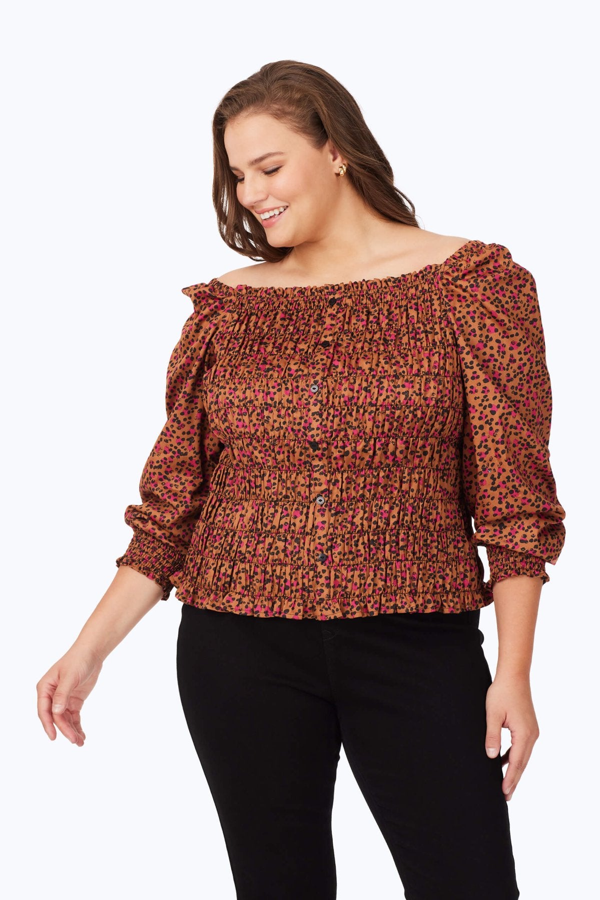 Plus Smocked Wild Cheetah Long Sleeve Blouse