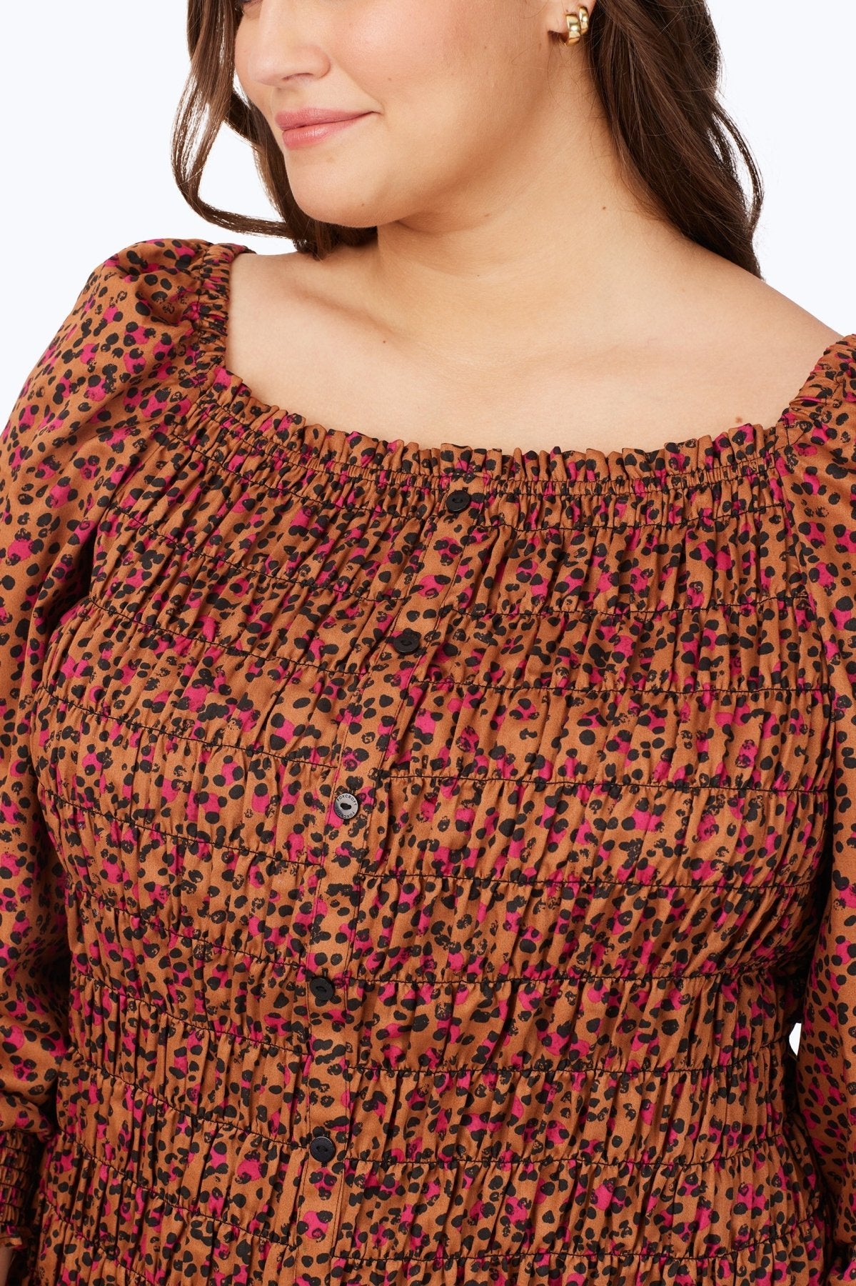 Plus Smocked Wild Cheetah Long Sleeve Blouse