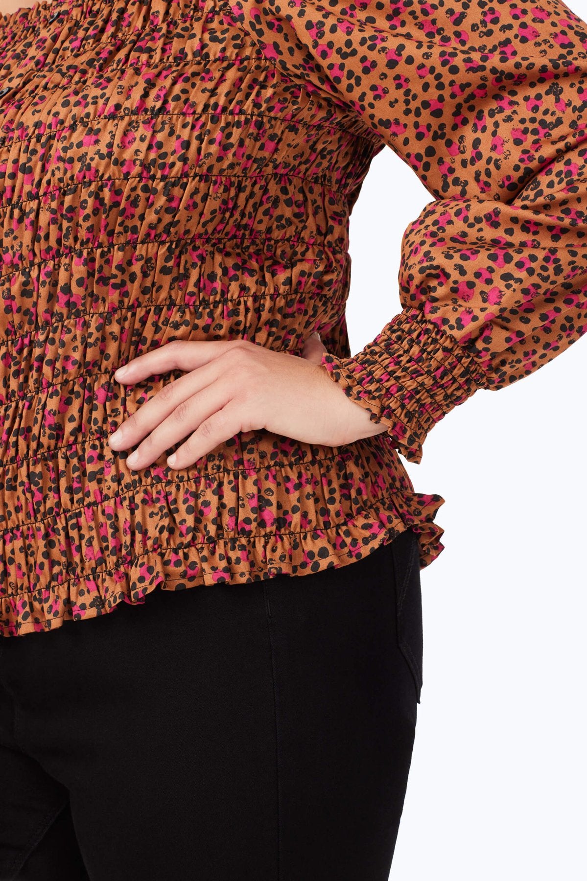 Plus Smocked Wild Cheetah Long Sleeve Blouse