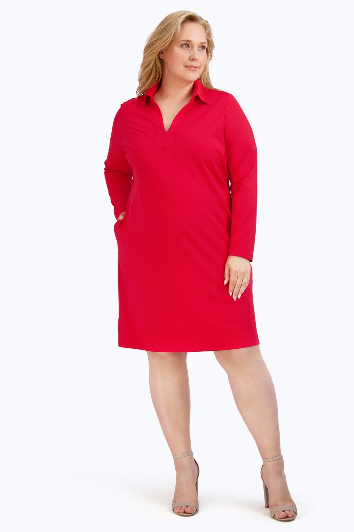 Angel Plus Solid Jersey Long Sleeve Dress, Red
