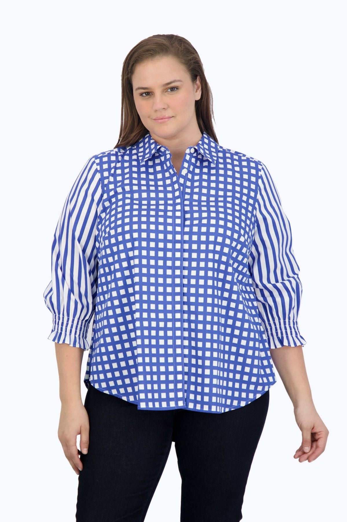 Olivia Plus Gingham Stripe Combo 3/4 Sleeve Shirt