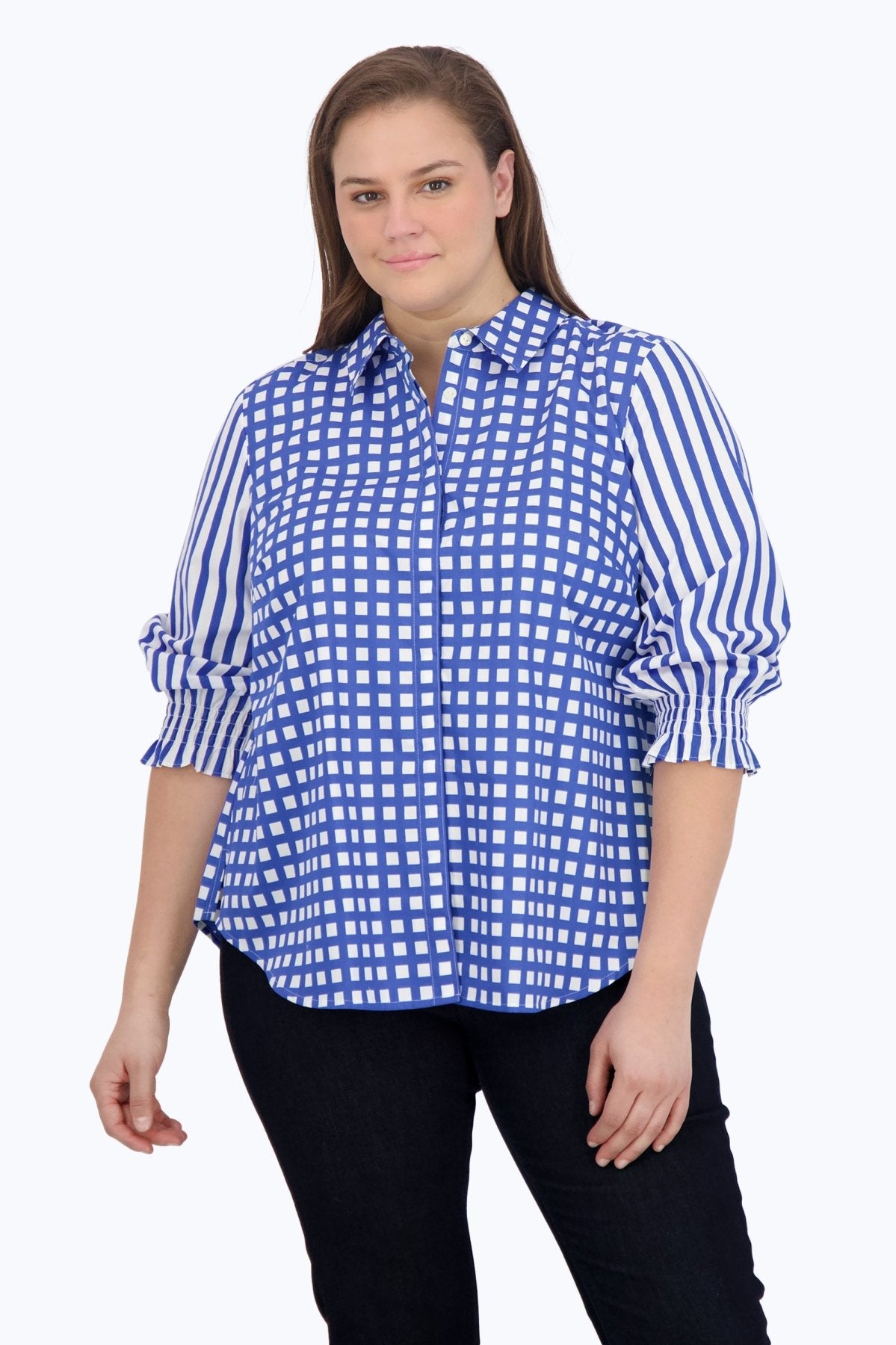 Olivia Plus Gingham Stripe Combo 3/4 Sleeve Shirt