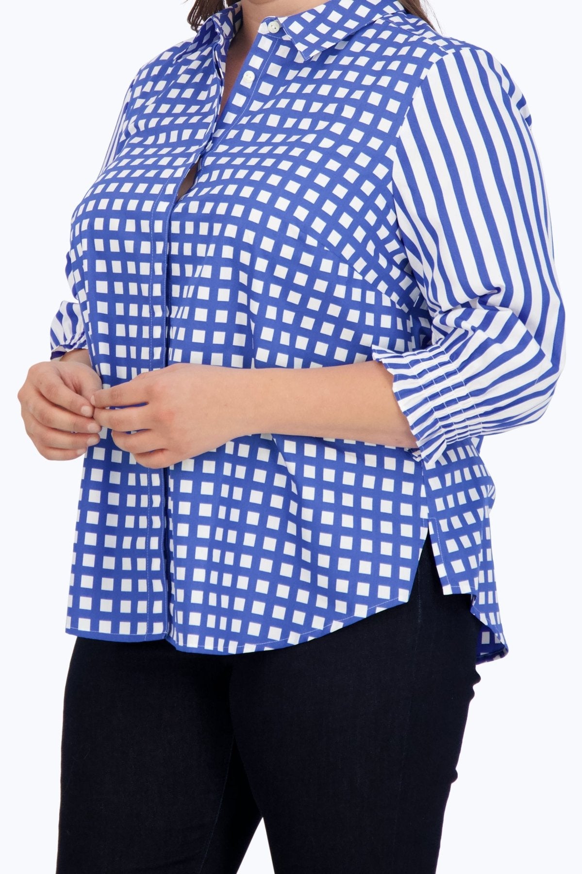 Olivia Plus Gingham Stripe Combo 3/4 Sleeve Shirt