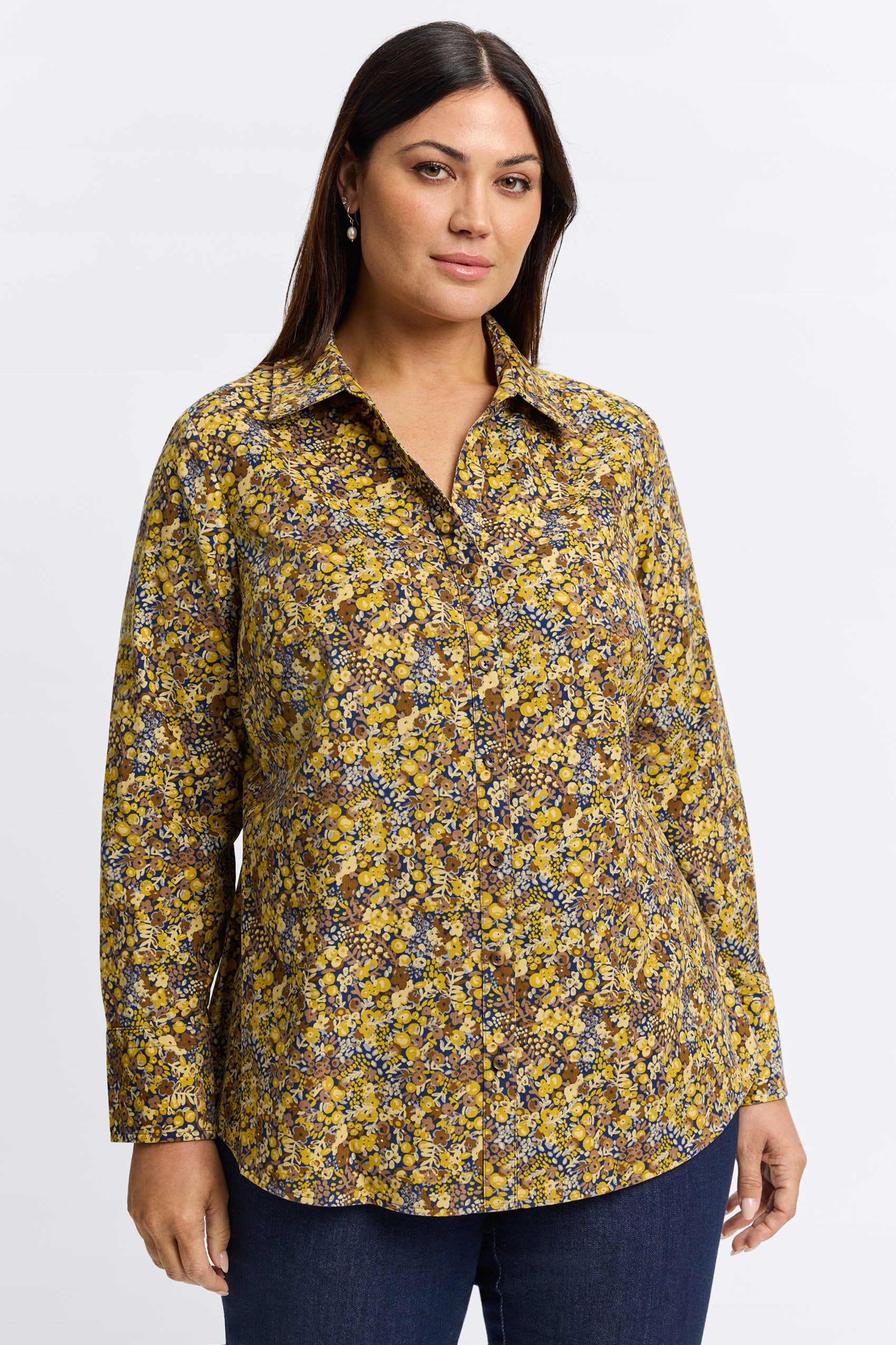 Mary Plus Ditsy Floral Corduroy Long Sleeve Shirt- Foxcroft