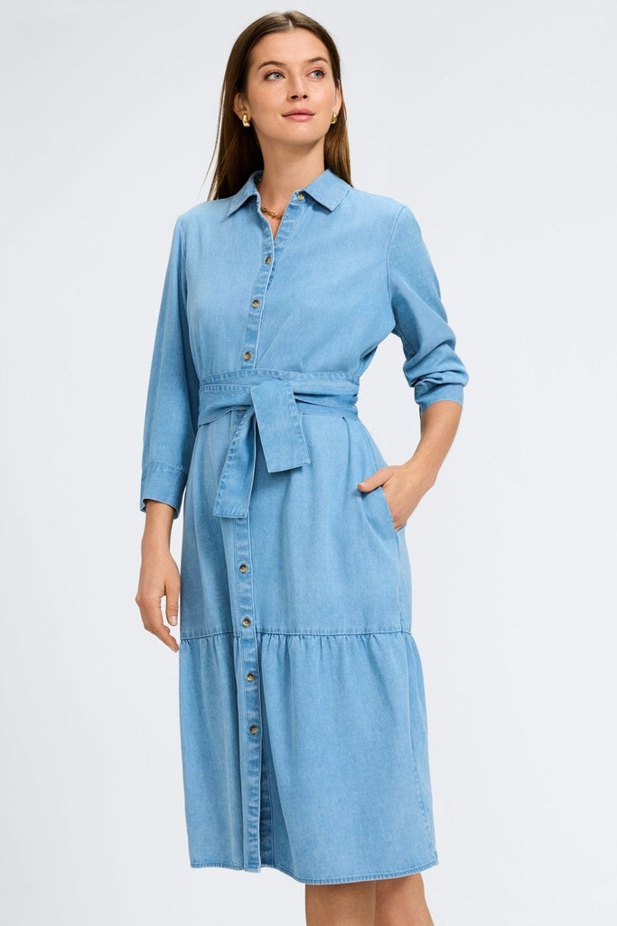 denim dress tencel Generation Love Clemente - Washed Med Blue Retro denim pocket adorned with silicone badge accents Foxcroft Ivy Tencel Denim 3/4