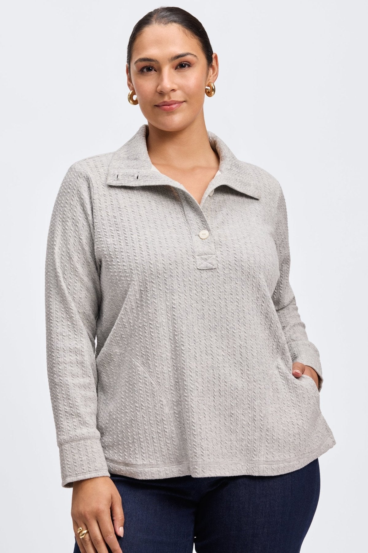 Sammy Plus Cable Knit Long Sleeve Popover Sweater