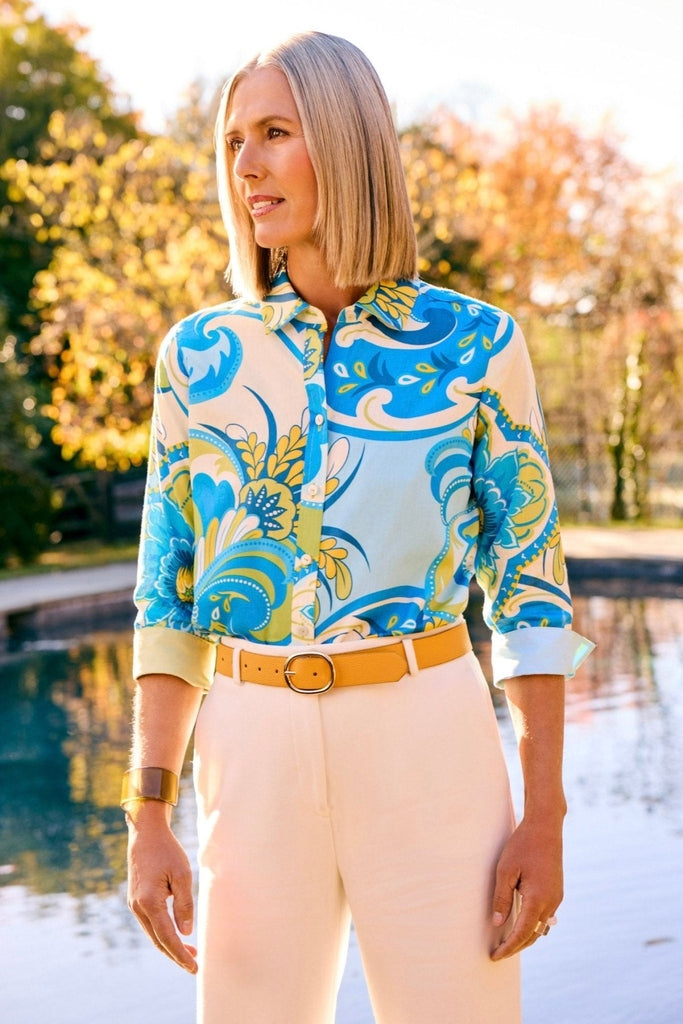 Margie Tropical Jacobean 3/4 Sleeve Shirt- Foxcroft