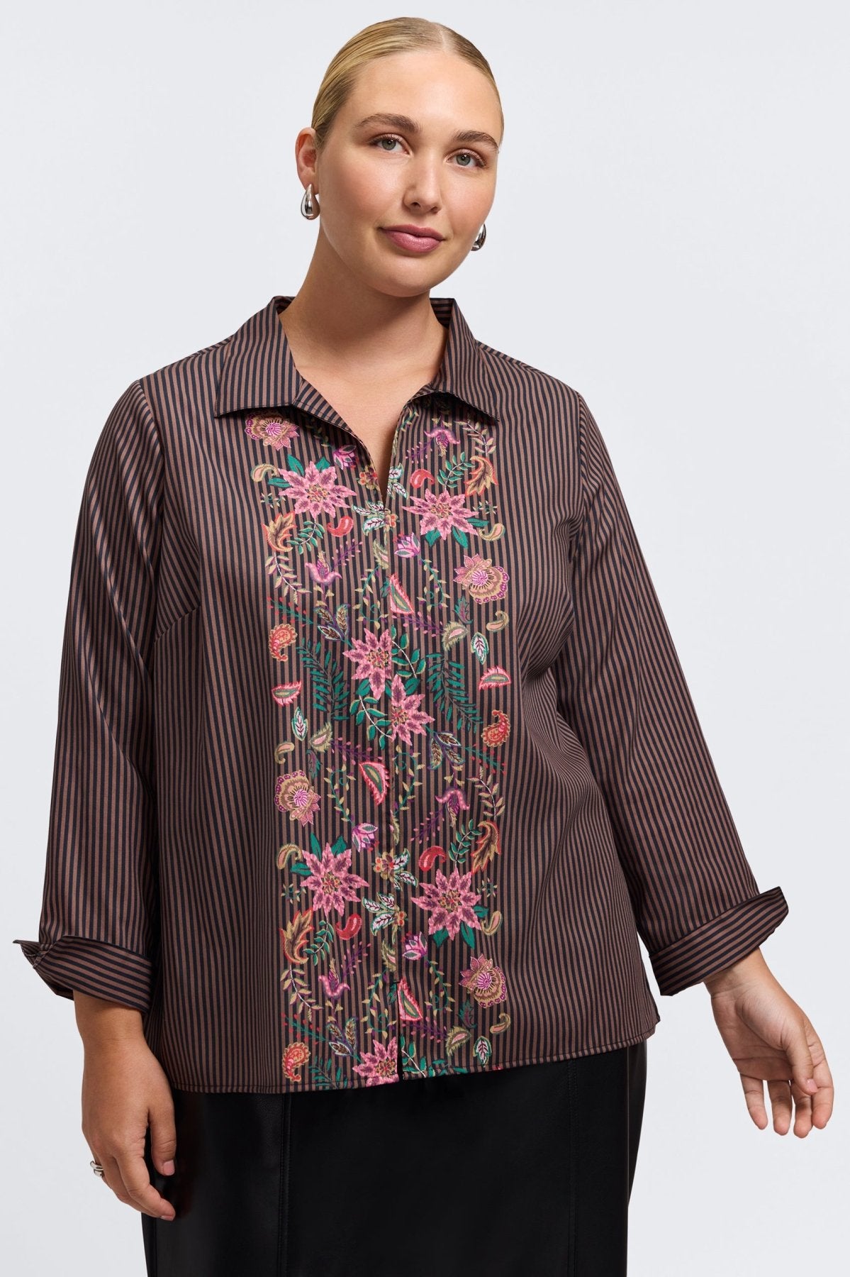 トップス Floral Stripe Jacquard Shirt Agnes Plus Brown Stripe Floral Long Sleeve Popover Shirt