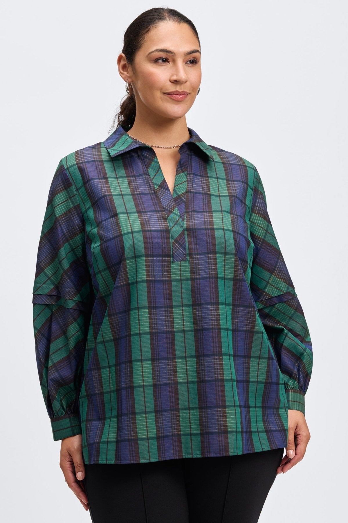 Frankie Plus Metallic Plaid Long Sleeve Popover Shirt