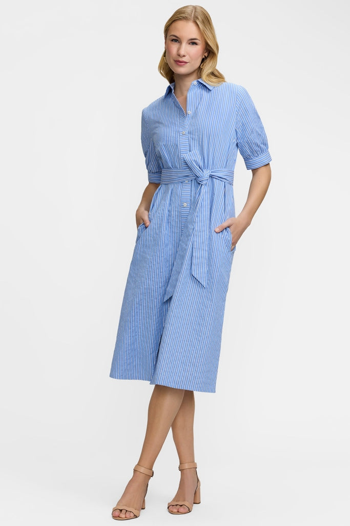blue seersucker dress women Esther Elbow Sleeve Blue Multi Seersucker Stripe / M Size:Petite-M weektag day coolness under high June Bridals Boho A-Line