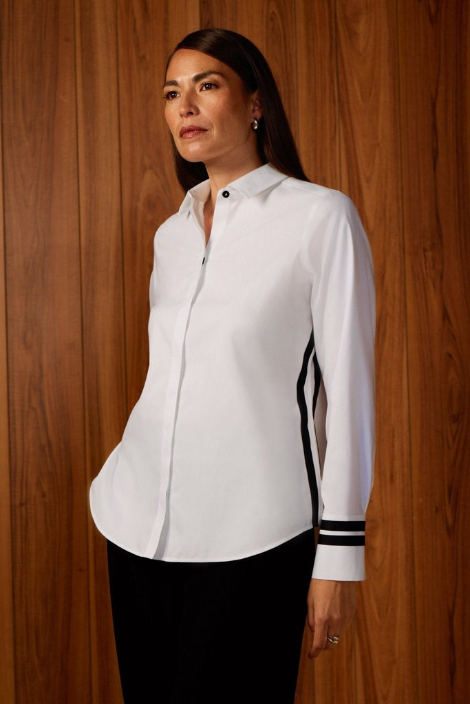 Woman in Foxcroft Brooke pinpoint oxford shirt in classic white