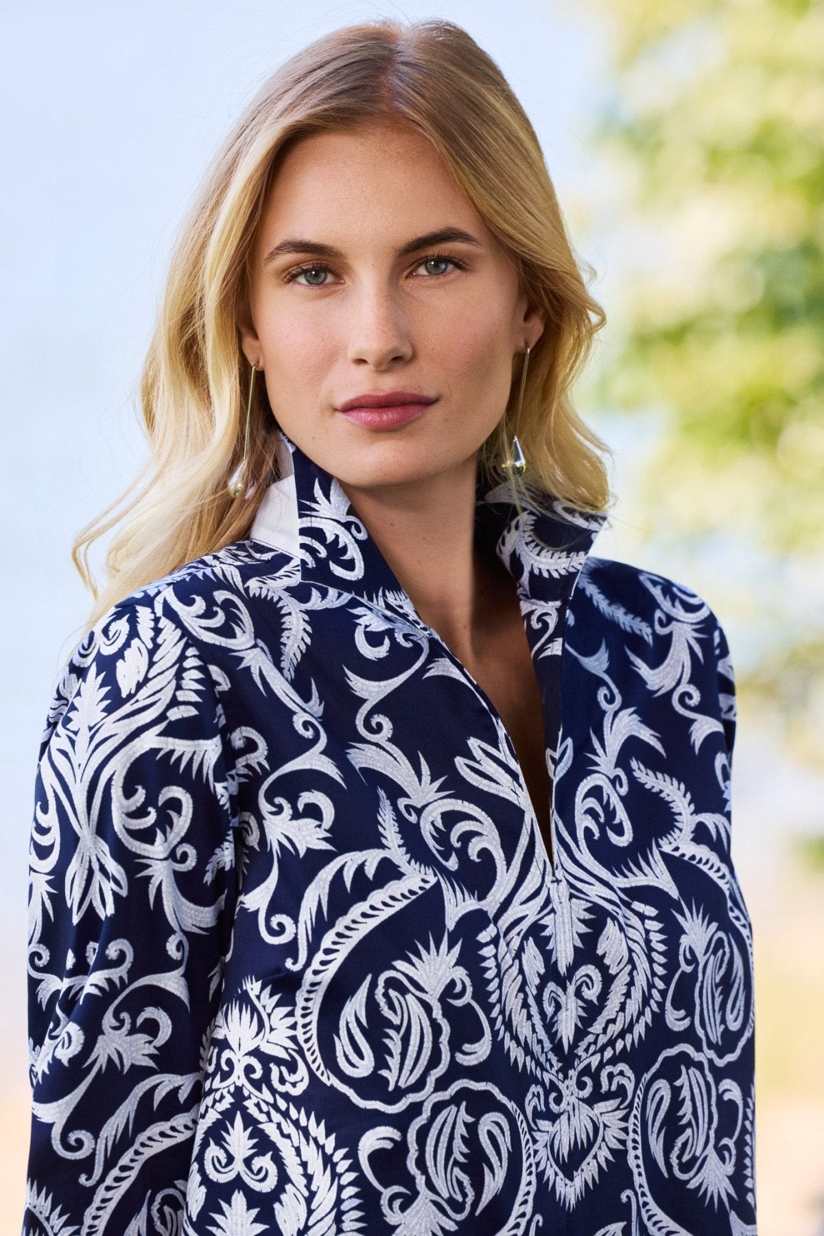 Agnes Printed Damask Long Sleeve Popover Shirt