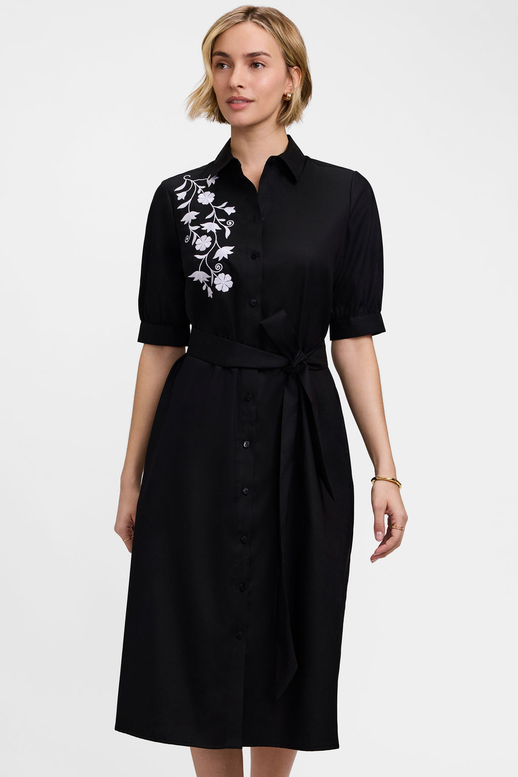 black floral shirt dress Esther Embroidery Elbow Sleeve & White Floral Embroidery / S sets Denim Dresses with Boots Delicate florals pop against Size:XXL