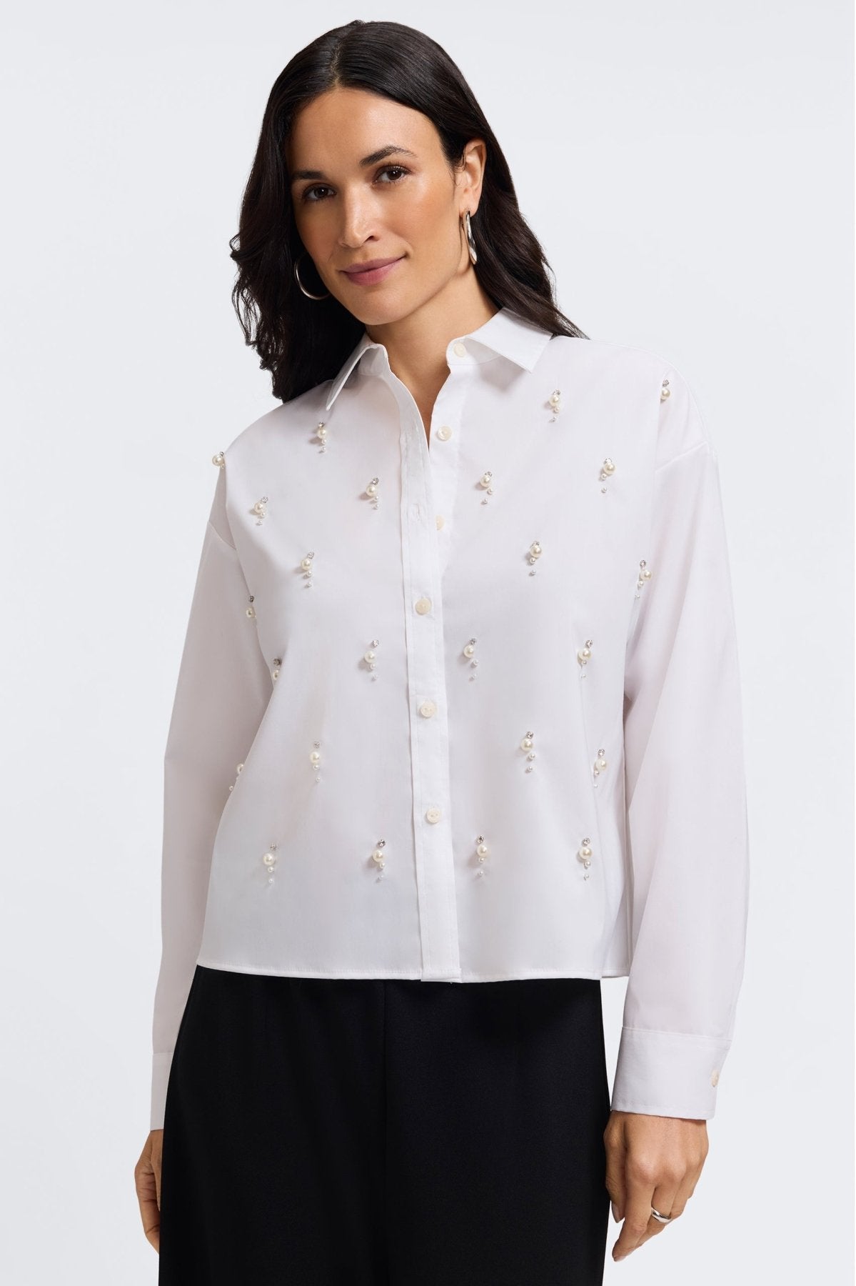 Marina Pearl & Rhinestone Appliqué Long Sleeve Short Shirt