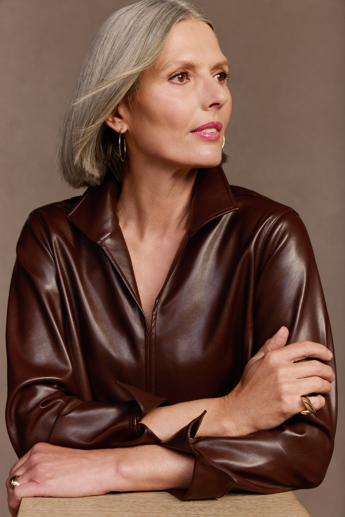 Agnes Vegan Leather Long Sleeve Popover Shirt