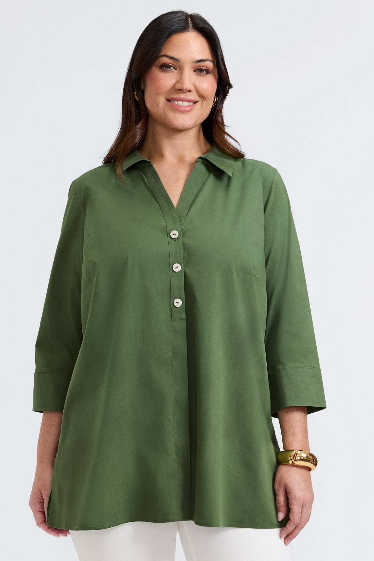 トップス 22ss CFCL ORIEL PAPAER TOP size3 Pamela Plus No Iron Stretch 3/4 Sleeve Tunic- Foxcroft