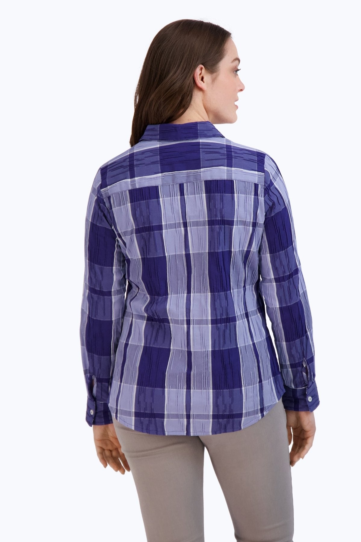 Zoey Denim Plaid Crinkle Long Sleeve Shirt