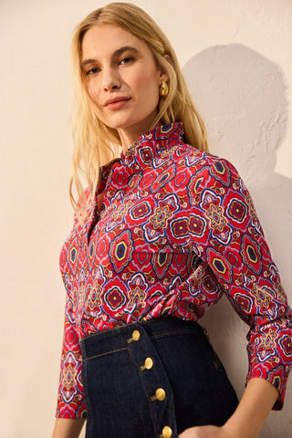 Tammy Geometric Tile Knit Crepe 3/4 Sleeve Popover Shirt