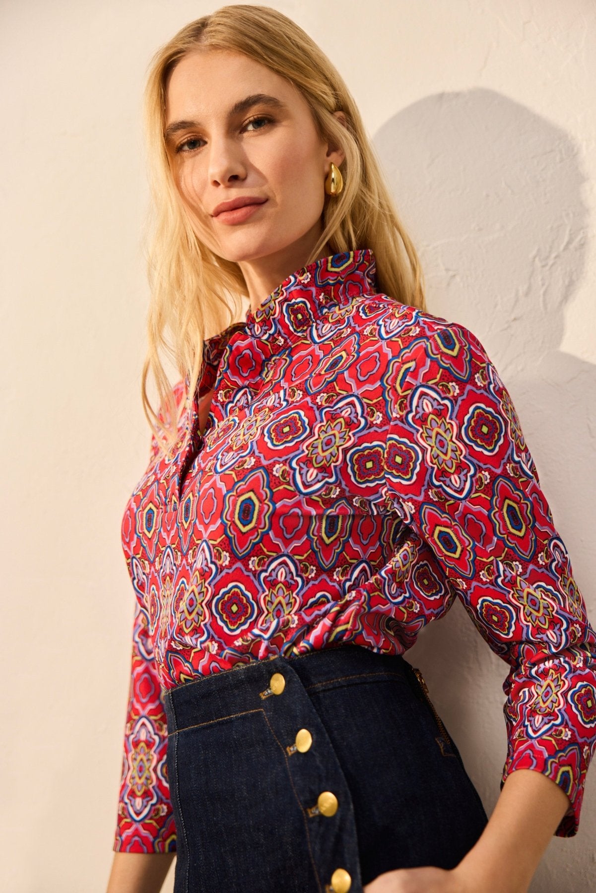 Tammy Geometric Tile 3/4 Sleeve Popover Shirt