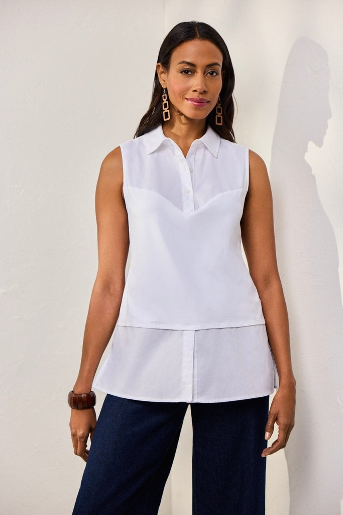 Front view of Sasha Knit-Woven Sleeveless Layering Tunic #color_white