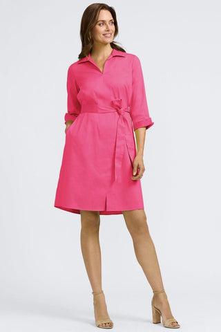 Front view of the Agnes Stretch Matte Sateen 3/4 Sleeve Dress worn witht eh self tied belt #color_pink flambe