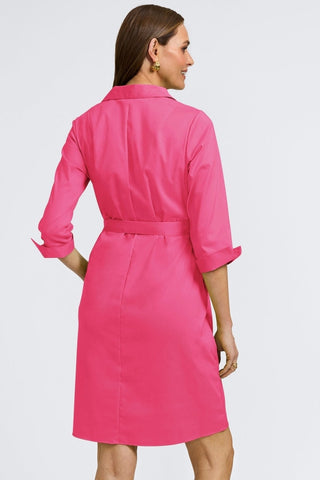 Back view of the Agnes Stretch Matte Sateen 3/4 Sleeve Dress worn with the belt #color_pink flambe