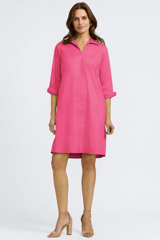 Front view of the Agnes Stretch Matte Sateen 3/4 Sleeve Dress
showing off it's effortless drape fit #color_pink flambe