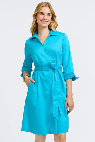 Front view of the Agnes Stretch Matte Sateen 3/4 Sleeve Dress worn with the self tied belt #color_ibiza turq