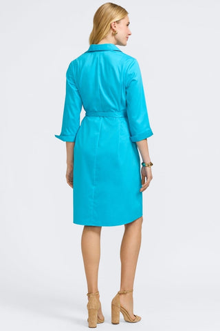 Back view of the Agnes Stretch Matte Sateen 3/4 Sleeve Dress worn with the self tied belt #color_ibiza turq