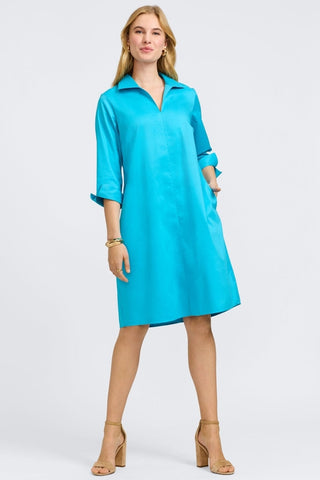 Front view of the perfectly draped Agnes Stretch Matte Sateen 3/4 Sleeve Dress
#color_ibiza turq
