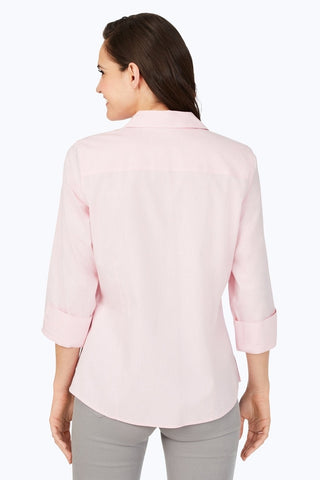 Rear view of the Taylor pinpoint 3/4 sleeve shirt in #color_chambray pink