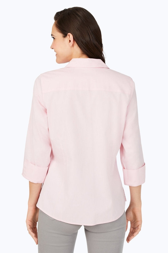 Rear view of the Taylor pinpoint 3/4 sleeve shirt in #color_chambray pink