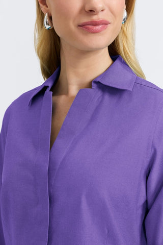 Open neckline view of the Taylor pinpoint 3/4 sleeve shirt in #color_royal purple