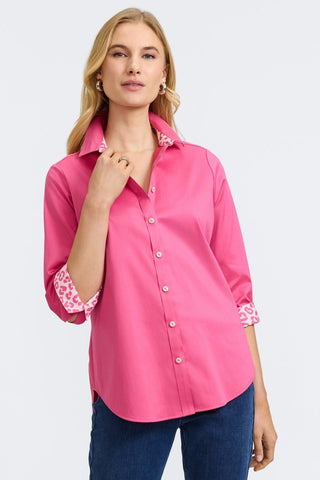 Front view of the Margie Stretch Matte Sateen 3/4 Sleeve Shirt with the folded cuffs and the unfolded color showing the pattern #color_pink flambe 