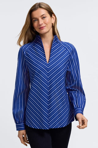 Front view of the Daphne Classic Wide Stripe Long Sleeve Popover Shirt showing the flattering vertical and diagonal lines #color_blue & white wide stripe