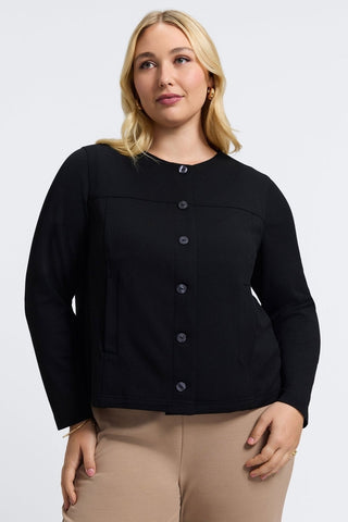 Front view of the Valerie Plus Knit Crepe Long Sleeve Jacket and it's full front button closure #color_black
