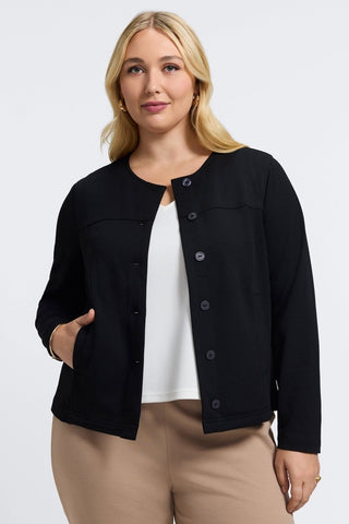 Front view of the Valerie Plus Knit Crepe Long Sleeve Jacket showcasing it's minimalistic aesthetic #color_black