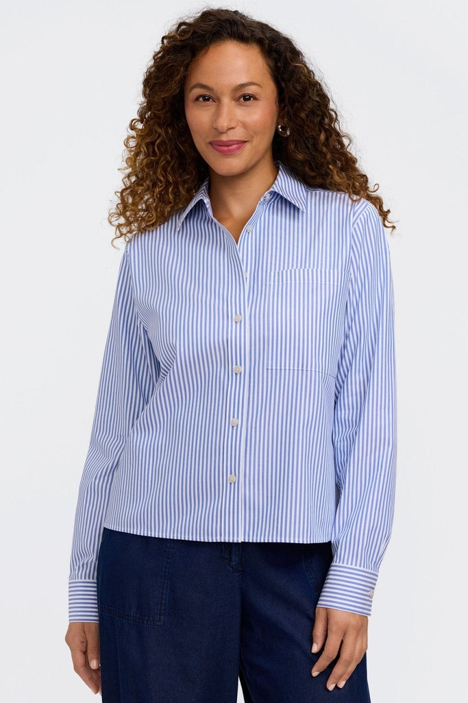 Jodie no iron pinpoint stripe long sleeve short shirt in #color_powder blue pinpoint stripe