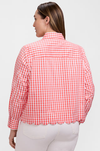 Back view of model wearing the Scarlett Plus Gingham Stretch Matte Sateen Long Sleeve Shirt #color_georgia peach/white gingham