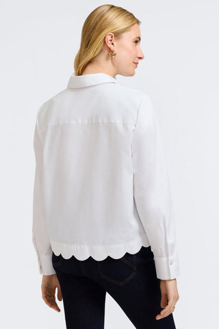 Back view of model wearing the Scarlett Stretch Matte Sateen Long Sleeve Shirt
#color_white