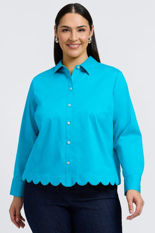 Front view of model wearing the Scarlett Plus Stretch Matte Sateen Long Sleeve Shirt #color_ibiza turq