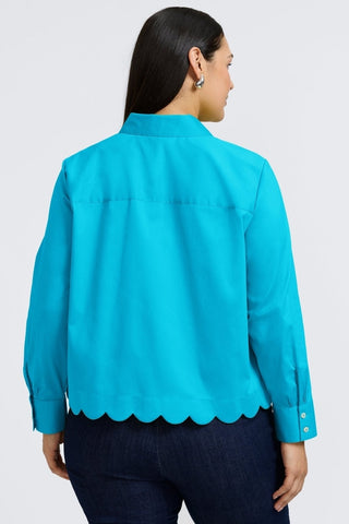 Back view of model wearing the Scarlett Plus Stretch Matte Sateen Long Sleeve Shirt #color_ibiza turq